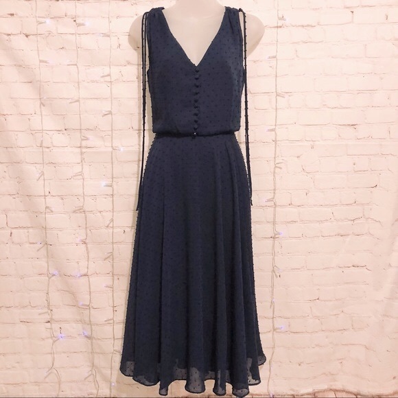 GAL MEETS GLAM ROMANTIC DOTTED CHIFFON NAVY BLUE MIDI DRESS 4 - Picture 2 of 9
